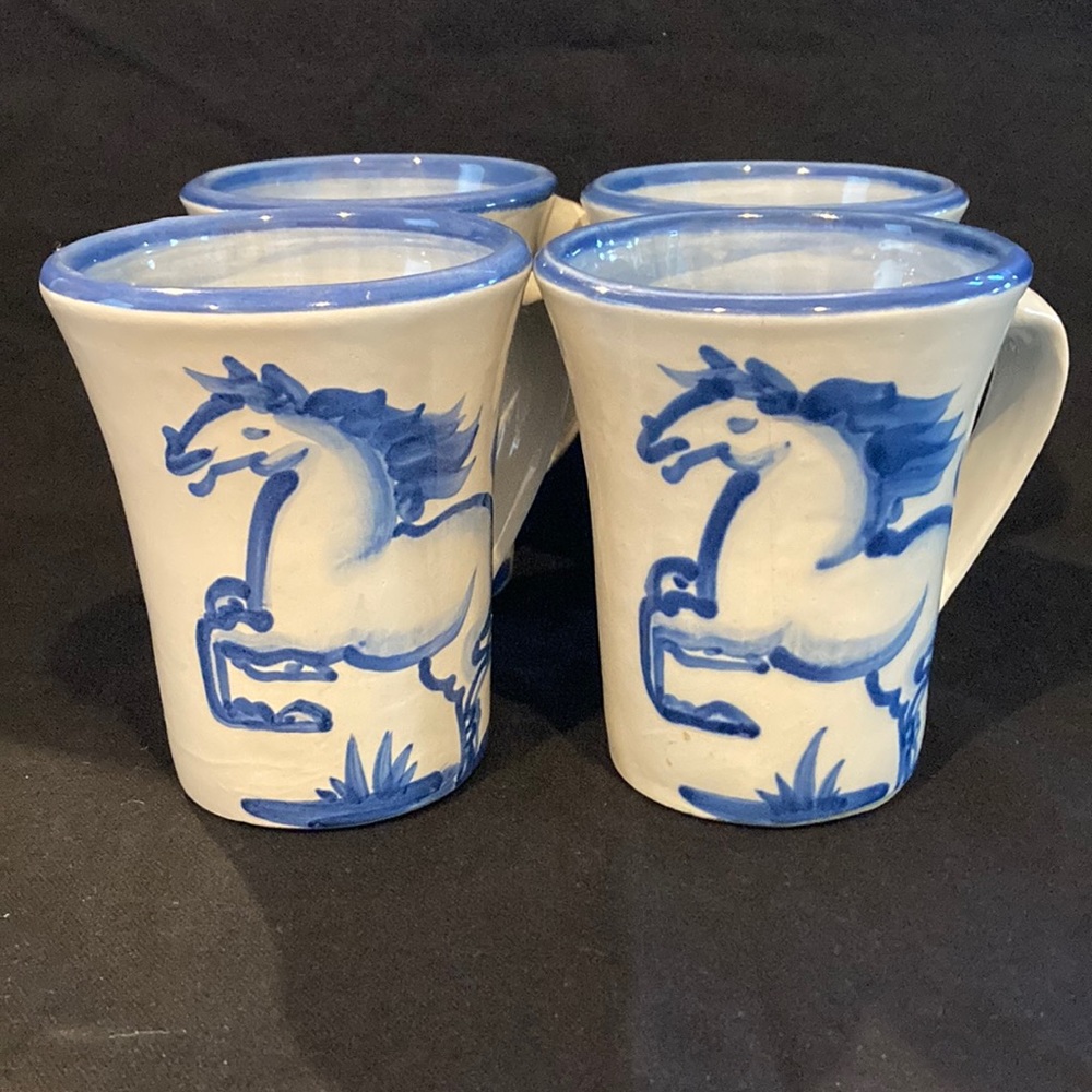 Art Pottery Mugs Blue and White Horses M.A. Hadley “Whoa” Set of 4